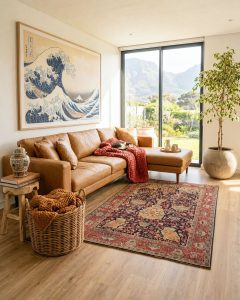 Vintage blue Zirekhaki Sarough Persian carpet with an intricate floral pattern, styled on a floor in a Western Cape lounge setting