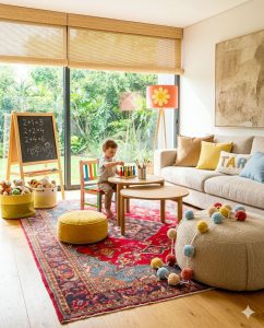 Tomato red Sarouk Persian carpet with vibrant yellow and light blue accents and a floral pattern, styled on the floor of a family room.