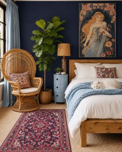 Traditional blue Hamadan Persian carpet featuring a handknotted geometric pattern, styled on the floor of a spare bedroom.